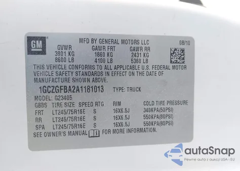 2010 Chevrolet Express 2500 Work Van z USA, uszkodzony, nr VIN 1GCZGFBA2A1181013